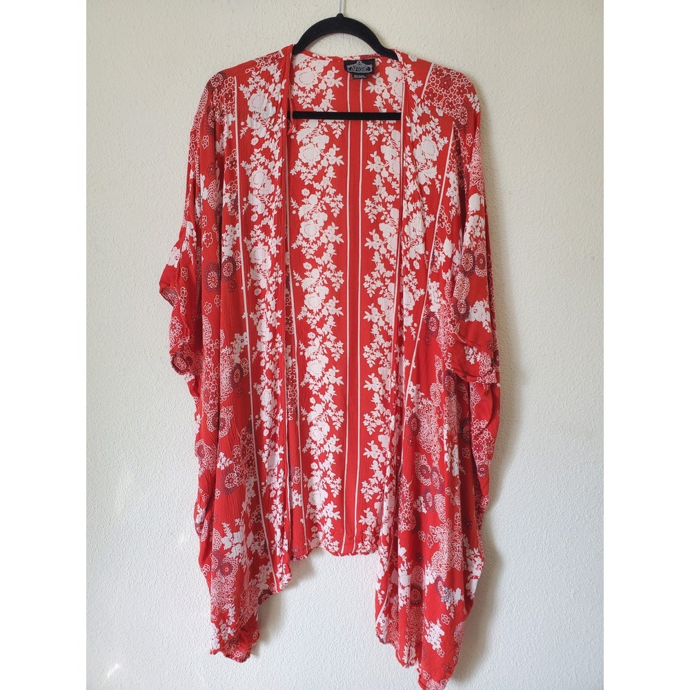 Angie Womens Red Floral Kimono Open Front Oversized Boho Rayon Large Cover-Up - Picture 8 of 8